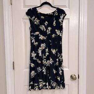 Lauren Ralph Lauren Dress Womens 12 Navy Yellow/White Suplice Neck Empire Waist